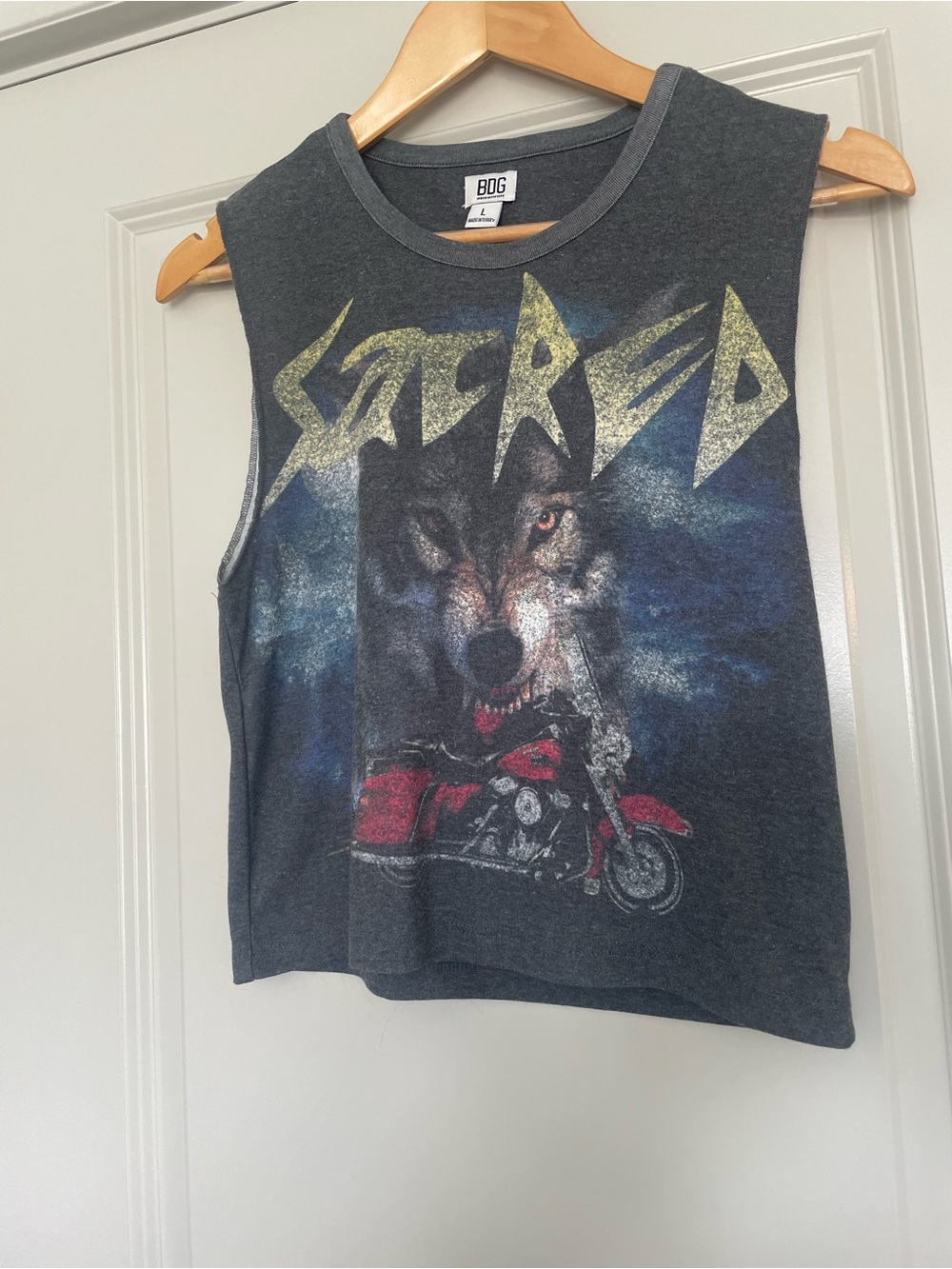 BDG Charcoal Graphic Wolf Muscle Tank with Red Accent
